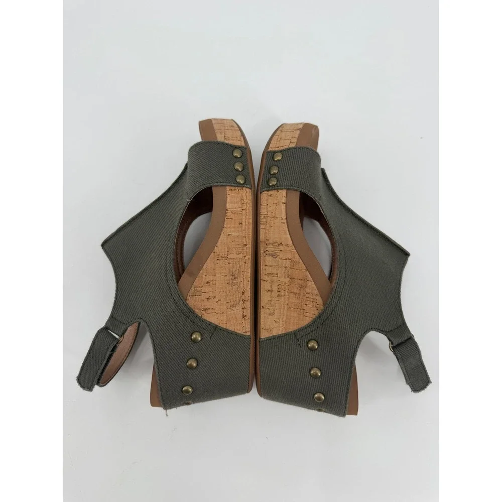 Corkys Carley Olive Green Canvas Cork Wedge Studded Slingback Sandals Womens 7